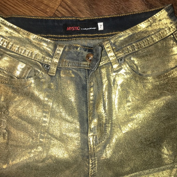 Gold metallic denim jeans holiday festival pants - Picture 3 of 7
